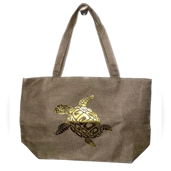 NWT large beach bag two toned with gold sea turtle on front & one zipper closure - Picture 1 of 9